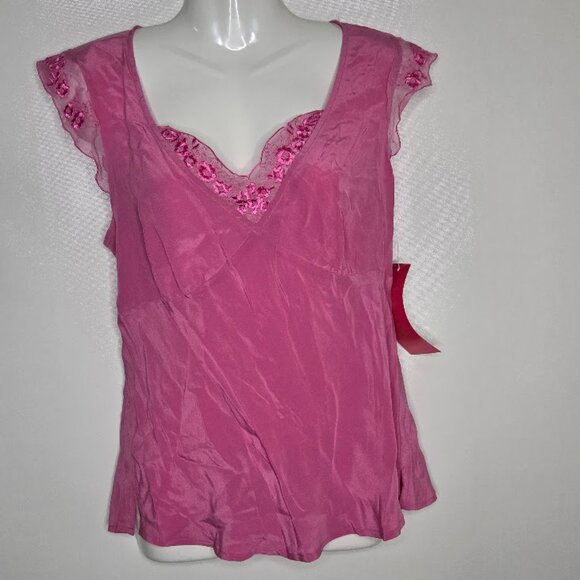 Sunny Leigh Tops - Sunny Leigh Women's Shirt Large Pink Silk Blouse Floral Lace Short Sleeves
